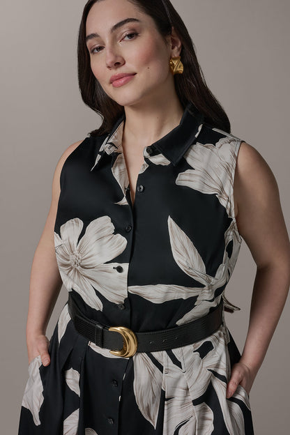 SLEEVELESS MIDI HALTER SHIRT DRESS - Black Multi