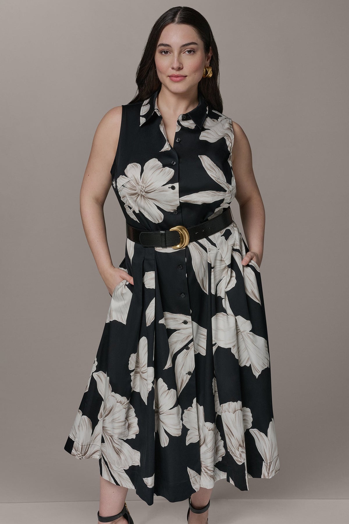 SLEEVELESS MIDI HALTER SHIRT DRESS - Black Multi