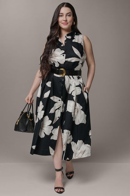 SLEEVELESS MIDI HALTER SHIRT DRESS - Black Multi