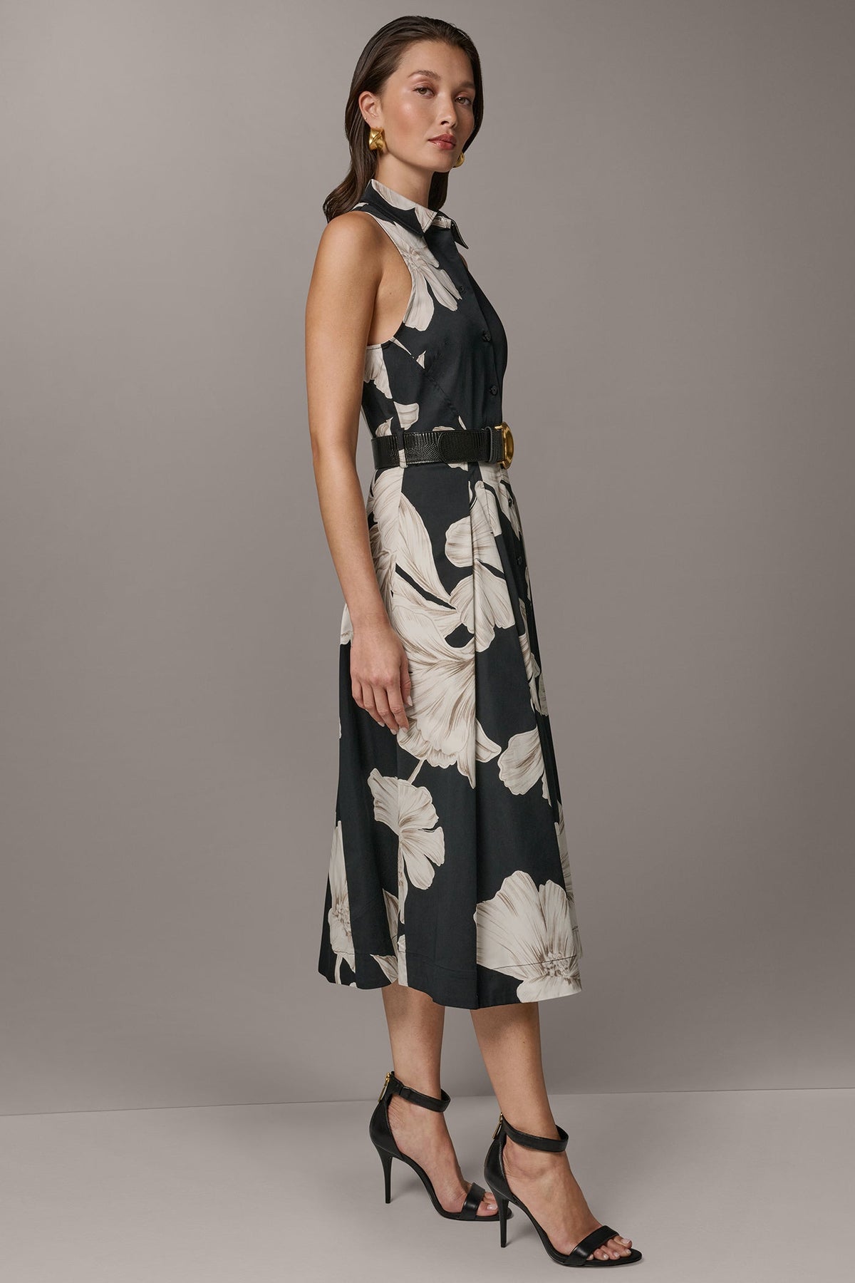 SLEEVELESS MIDI HALTER SHIRT DRESS - Black Multi