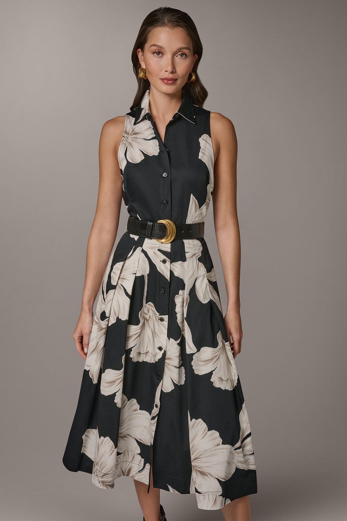SLEEVELESS MIDI HALTER SHIRT DRESS - Black Multi