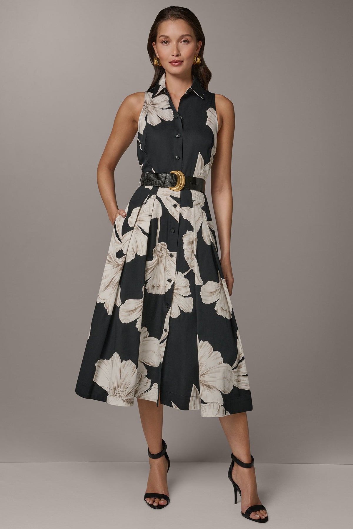 SLEEVELESS MIDI HALTER SHIRT DRESS - Black Multi