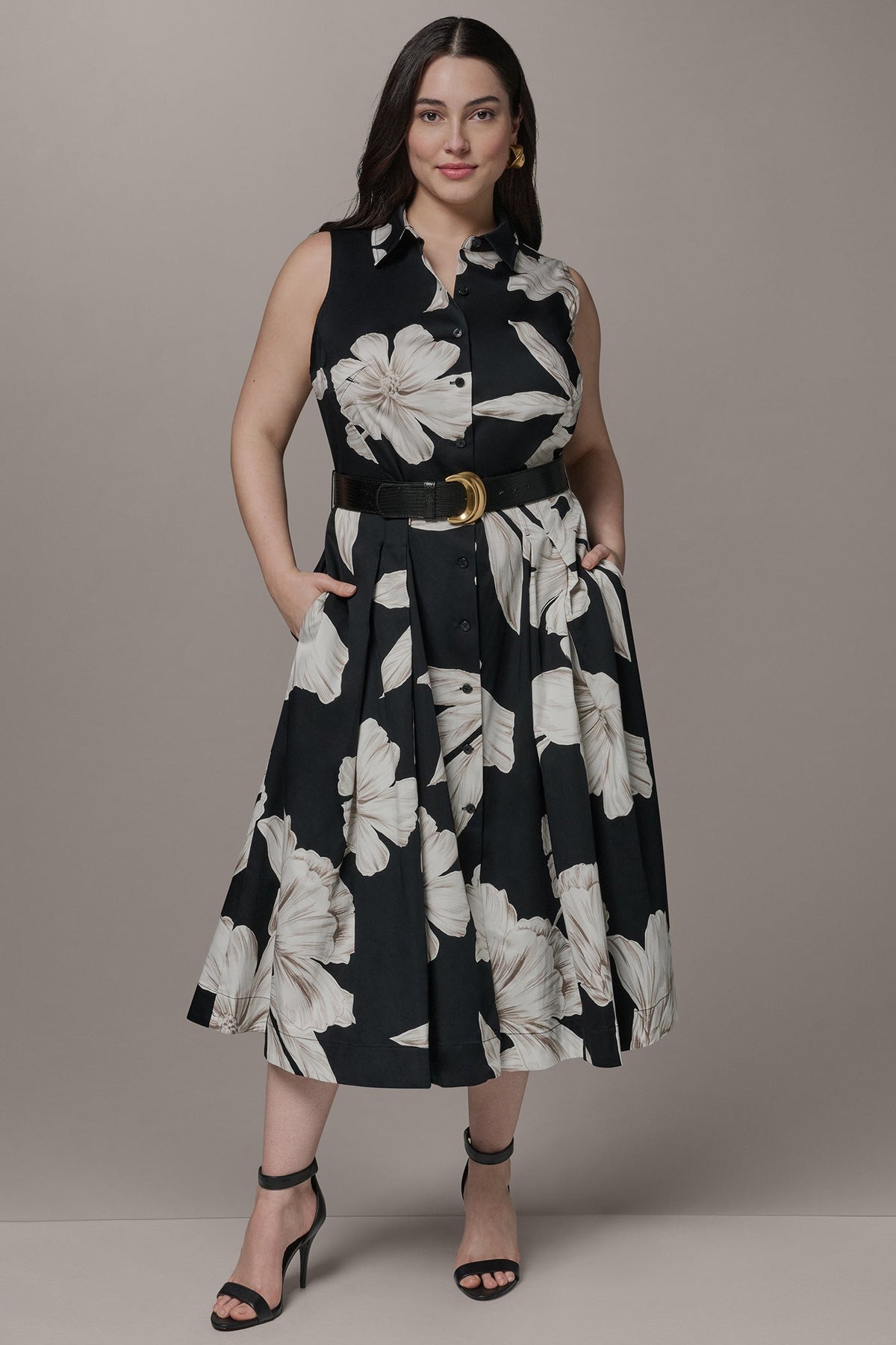 SLEEVELESS MIDI HALTER SHIRT DRESS - Black Multi