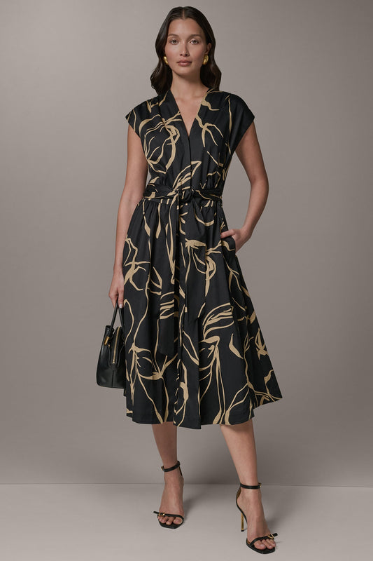 SLEEVELESS PRINT MIDI DRESS - Black /Fawn