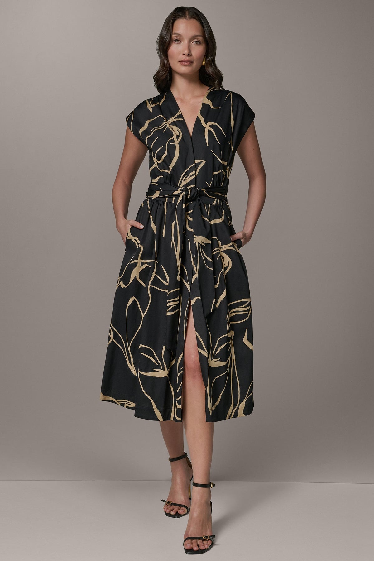 SLEEVELESS PRINT MIDI DRESS - Black /Fawn