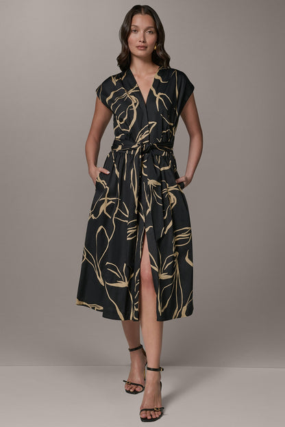 SLEEVELESS PRINT MIDI DRESS - Black /Fawn