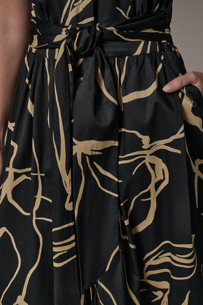 SLEEVELESS PRINT MIDI DRESS - Black /Fawn