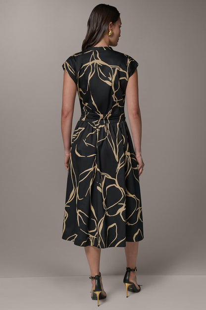 SLEEVELESS PRINT MIDI DRESS - Black /Fawn