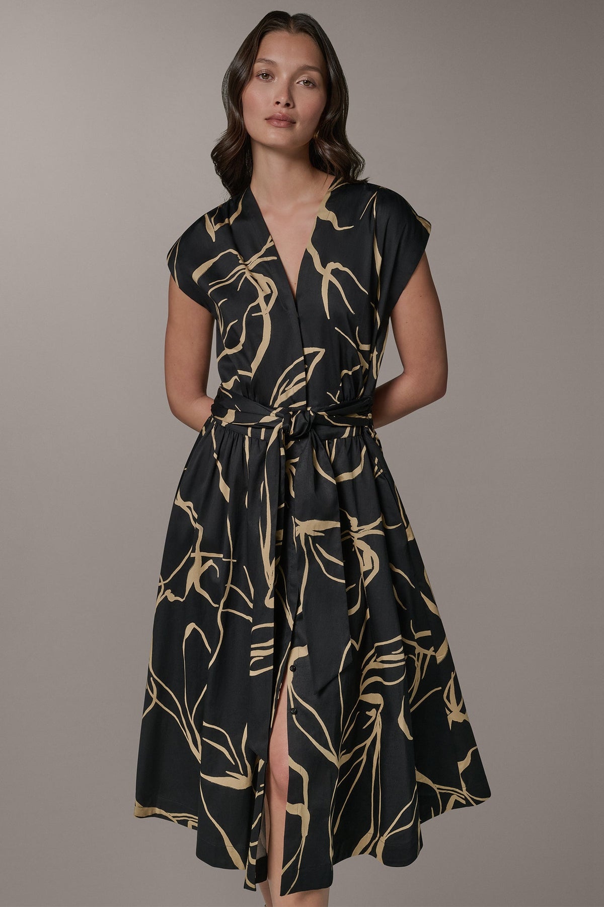 SLEEVELESS PRINT MIDI DRESS - Black /Fawn