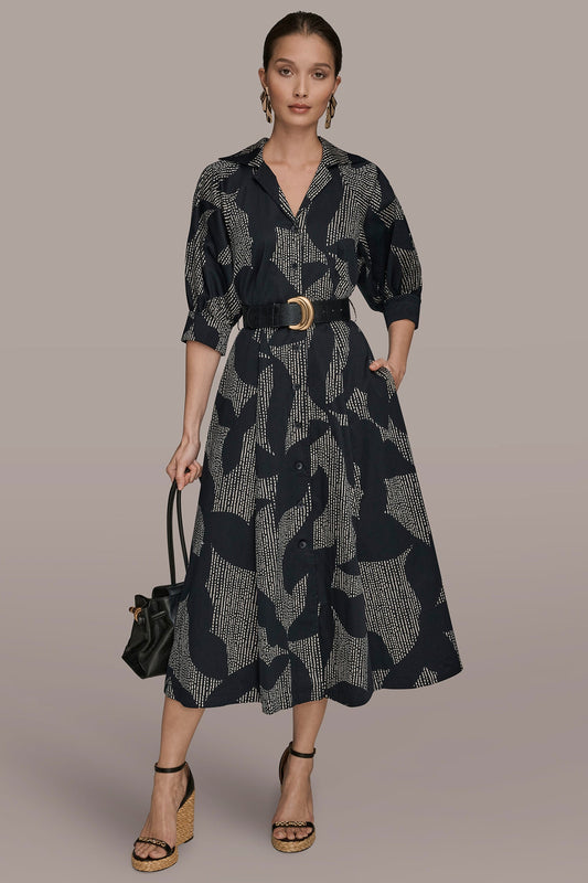 COTTON FLORAL MIDI SHIRT DRESS - Black
