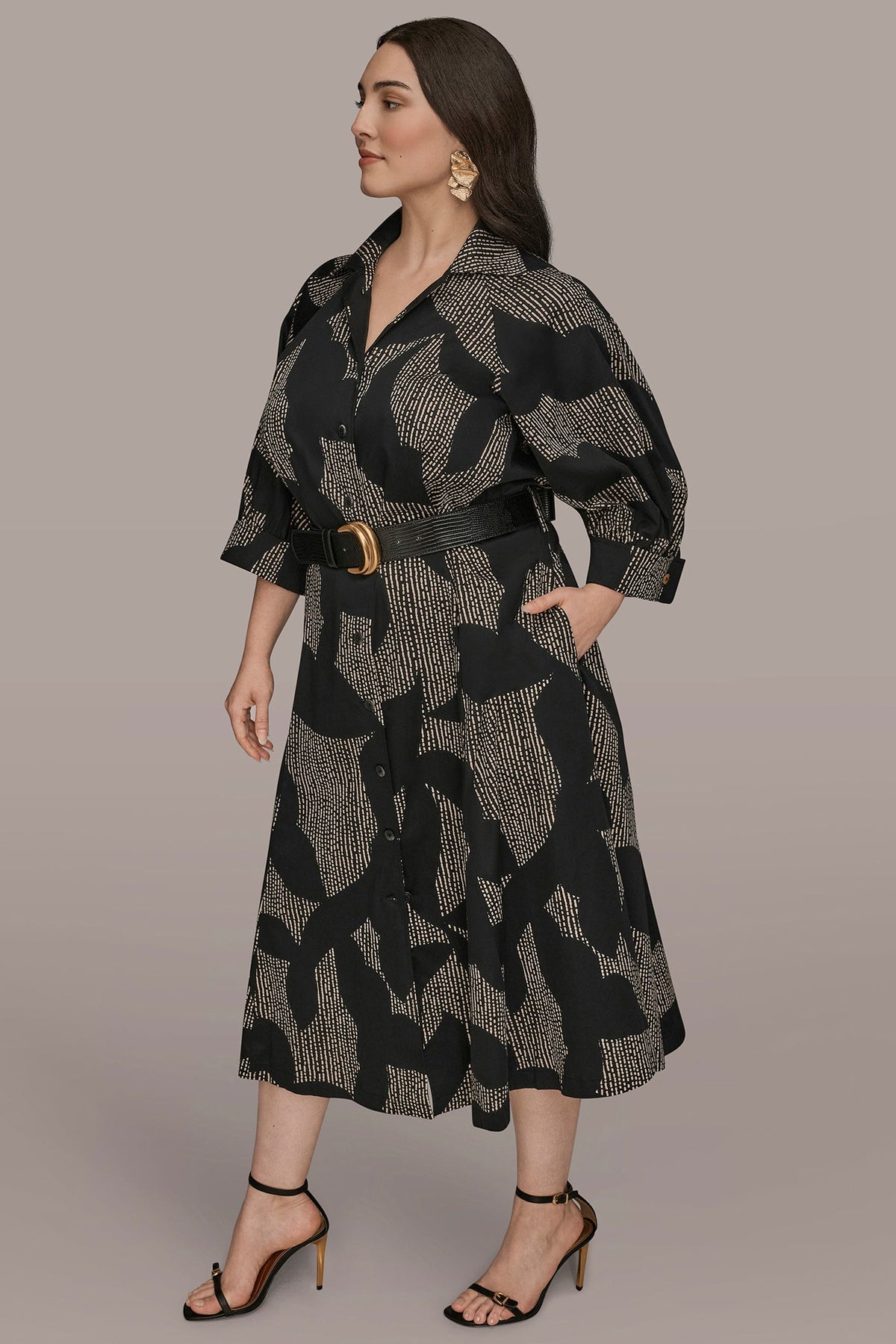 COTTON FLORAL MIDI SHIRT DRESS - Black