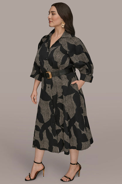 COTTON FLORAL MIDI SHIRT DRESS - Black