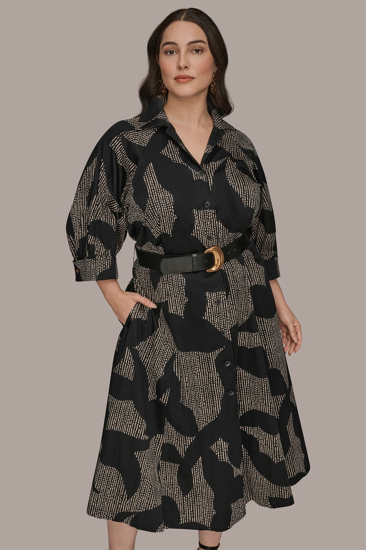 COTTON FLORAL MIDI SHIRT DRESS - Black