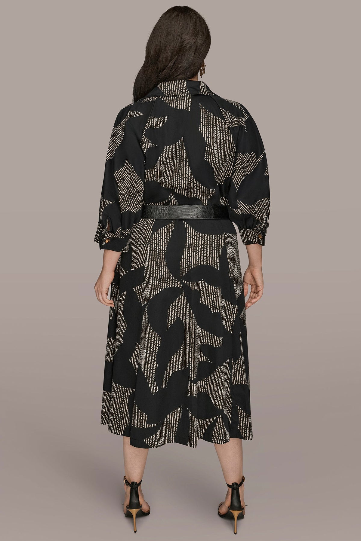 COTTON FLORAL MIDI SHIRT DRESS - Black