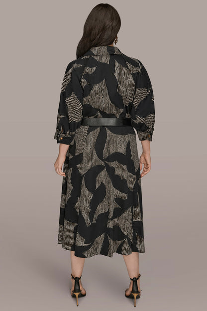 COTTON FLORAL MIDI SHIRT DRESS - Black