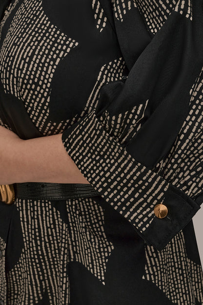 COTTON FLORAL MIDI SHIRT DRESS - Black