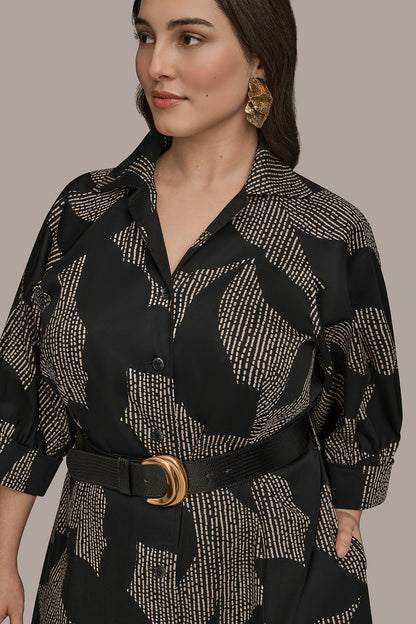 COTTON FLORAL MIDI SHIRT DRESS - Black