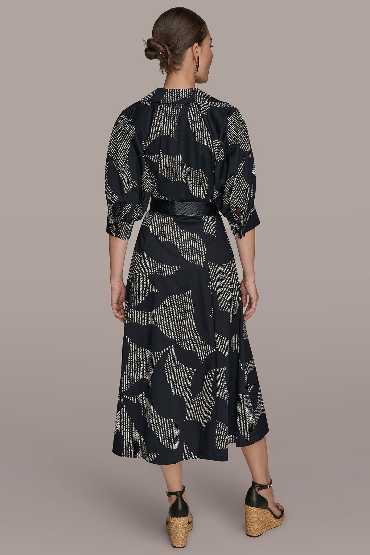 COTTON FLORAL MIDI SHIRT DRESS - Black