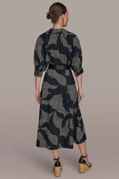 COTTON FLORAL MIDI SHIRT DRESS - Black