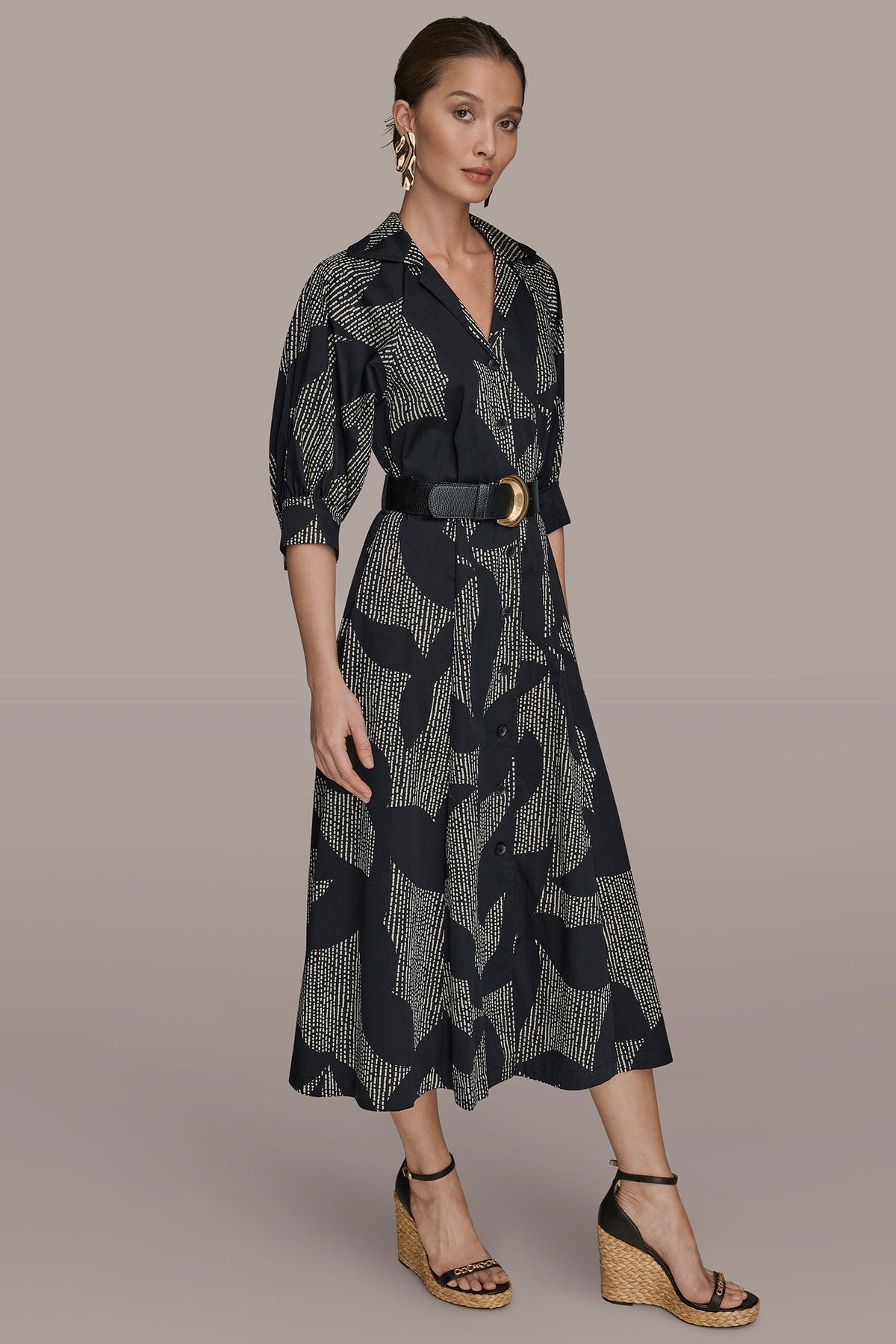 COTTON FLORAL MIDI SHIRT DRESS - Black
