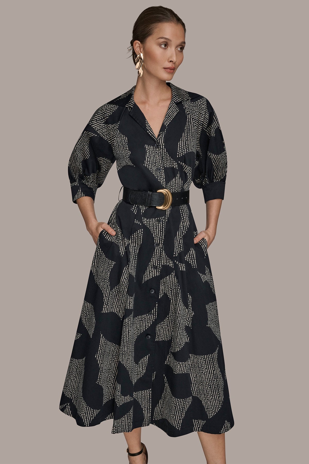 COTTON FLORAL MIDI SHIRT DRESS - Black