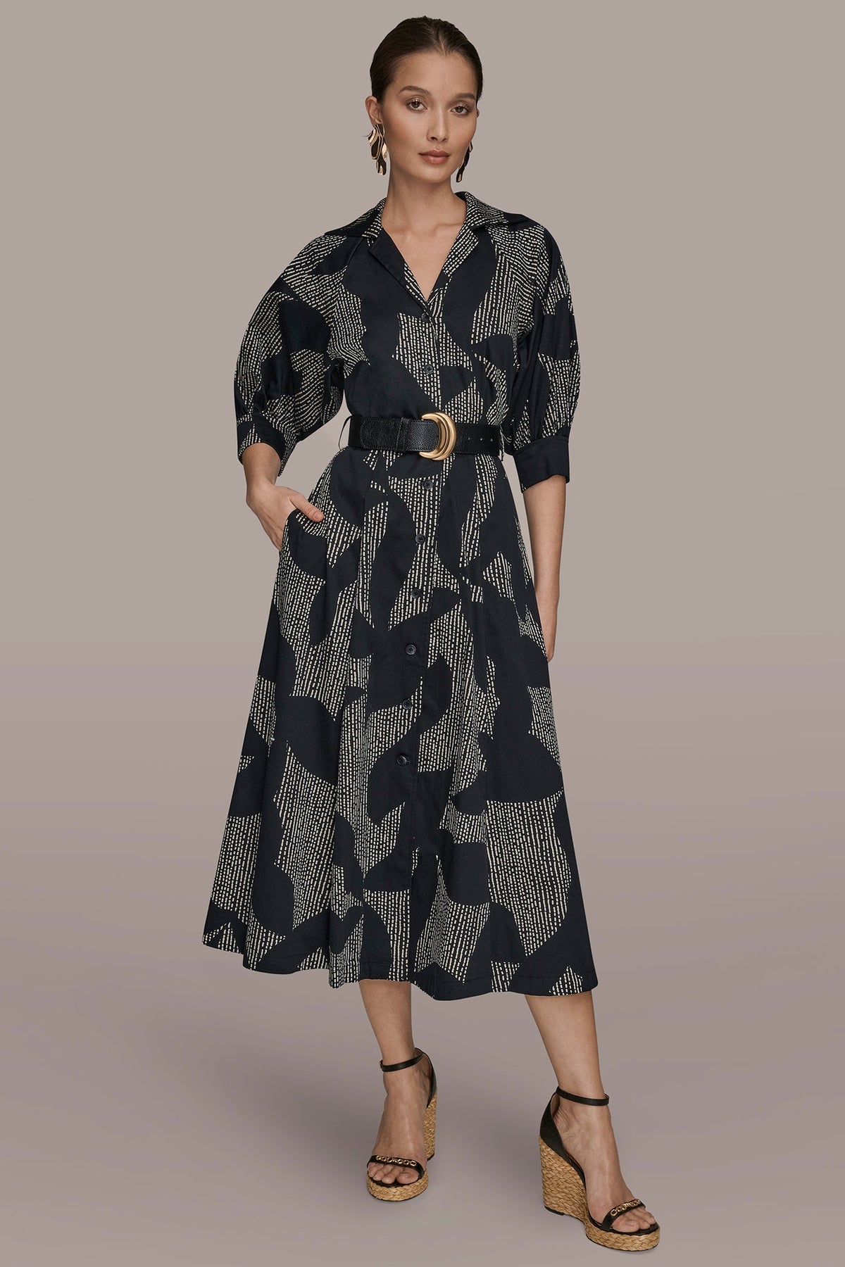 COTTON FLORAL MIDI SHIRT DRESS - Black