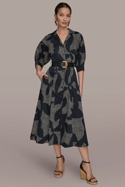 COTTON FLORAL MIDI SHIRT DRESS - Black