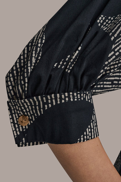 COTTON FLORAL MIDI SHIRT DRESS - Black