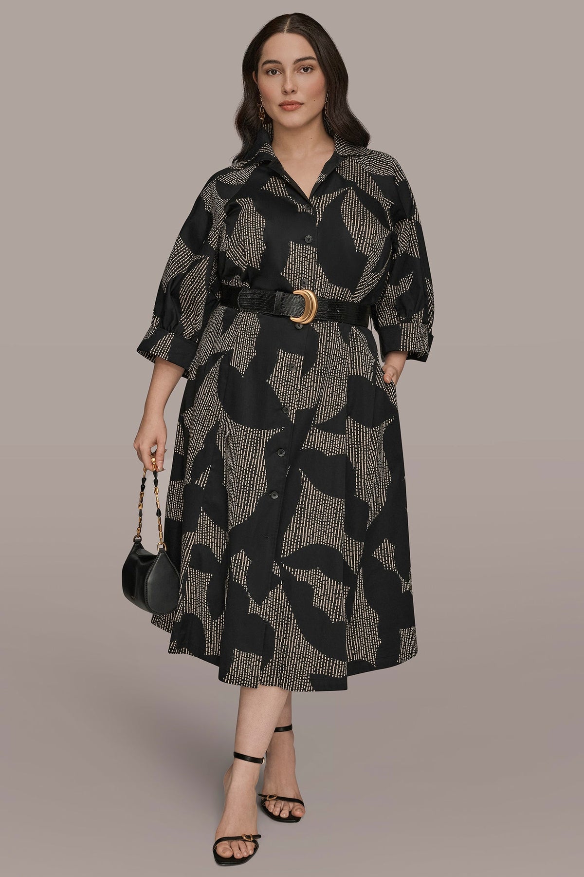 COTTON FLORAL MIDI SHIRT DRESS - Black