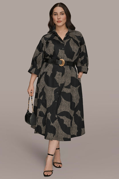 COTTON FLORAL MIDI SHIRT DRESS - Black