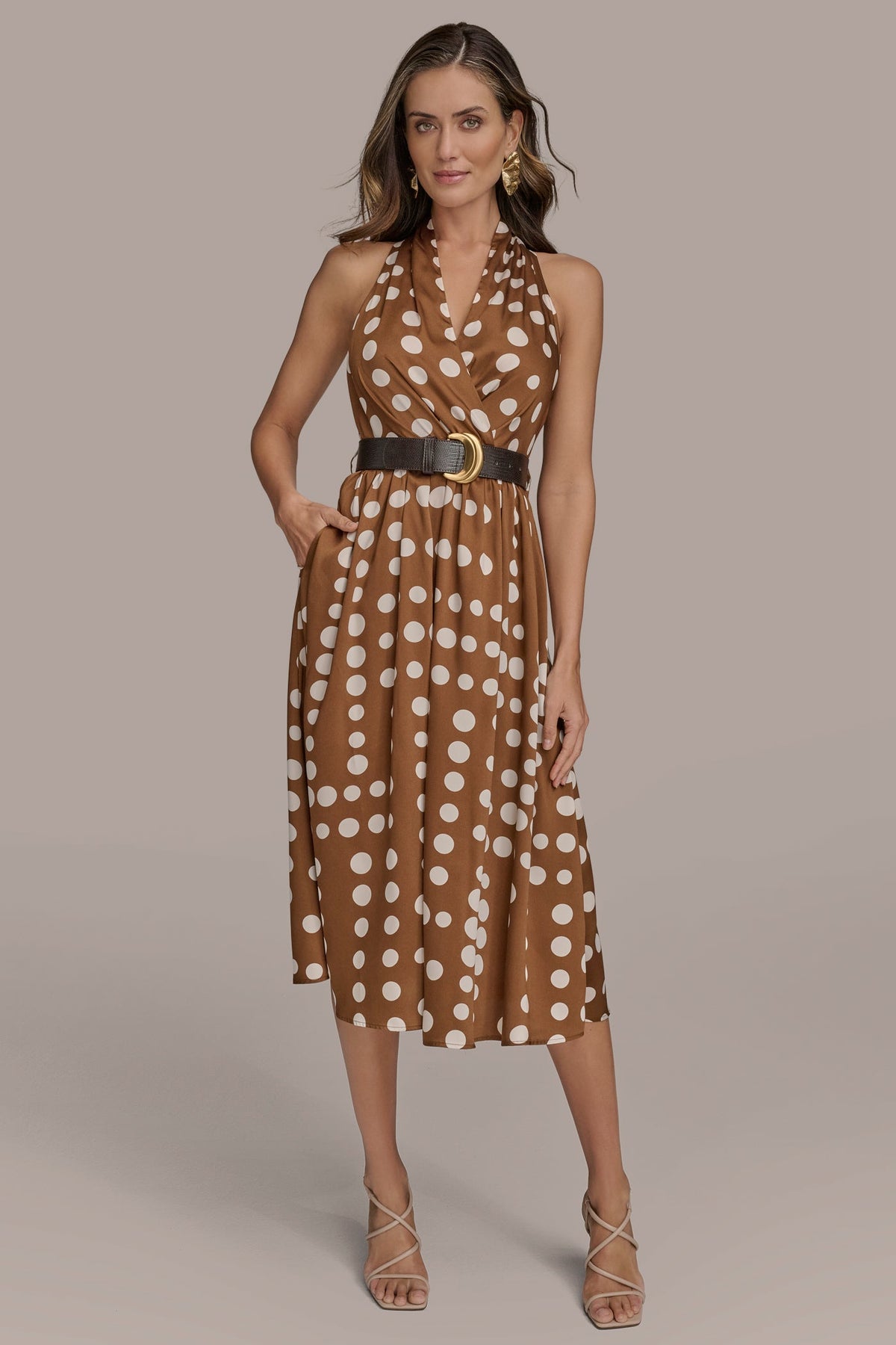 SLEEVELESS POLKA DOT MIDI FIT AND FLARE DRESS - Russet/Light Canvas