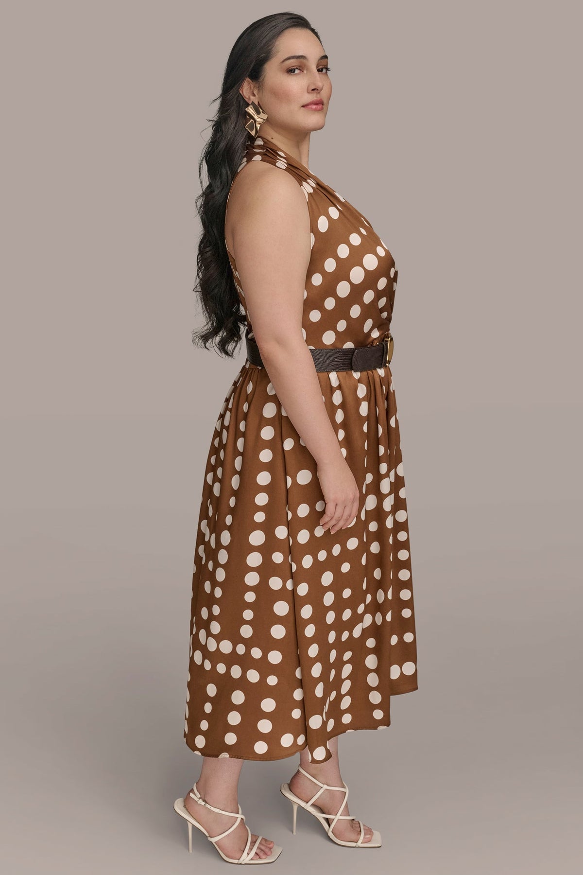 SLEEVELESS POLKA DOT MIDI FIT AND FLARE DRESS - Russet/Light Canvas
