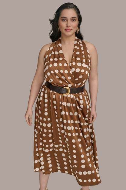 SLEEVELESS POLKA DOT MIDI FIT AND FLARE DRESS - Russet/Light Canvas