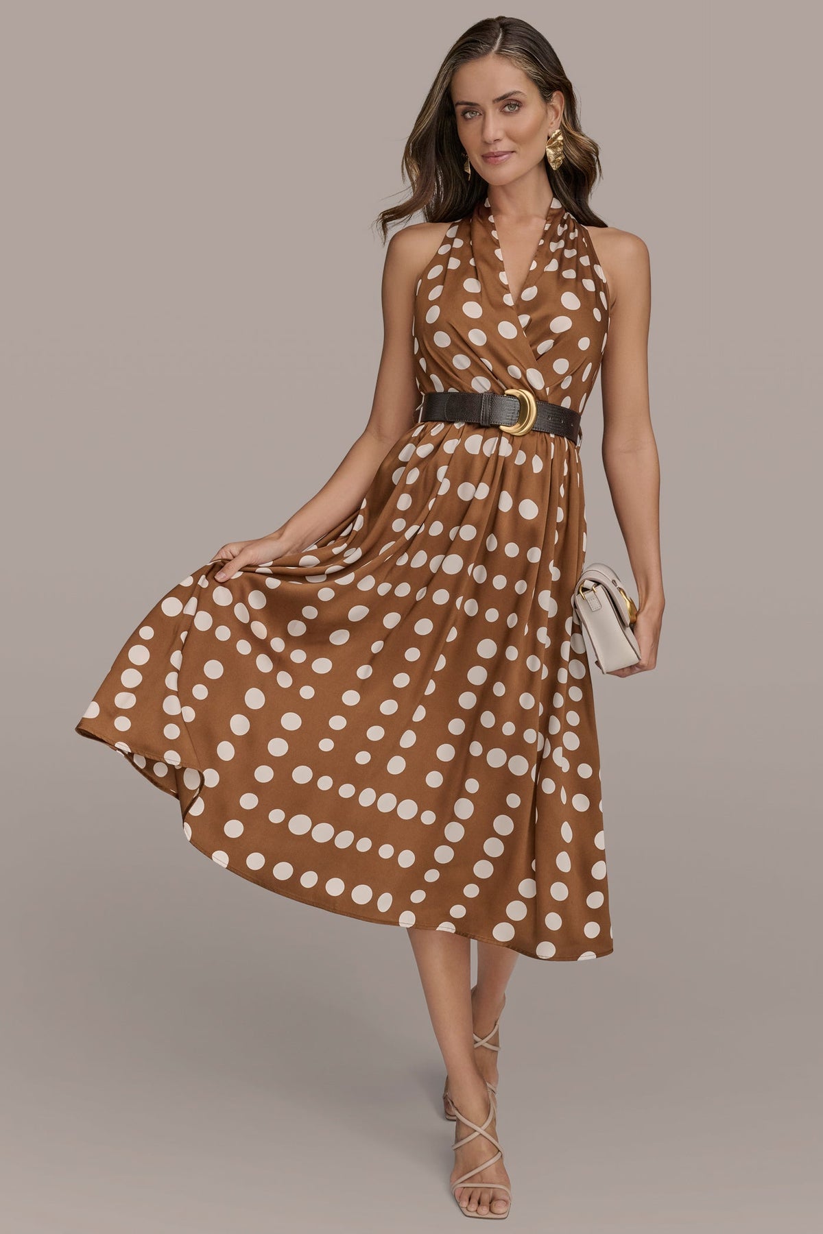 SLEEVELESS POLKA DOT MIDI FIT AND FLARE DRESS - Russet/Light Canvas