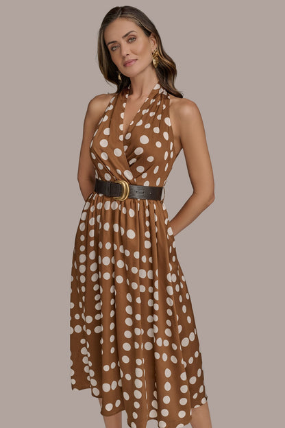 SLEEVELESS POLKA DOT MIDI FIT AND FLARE DRESS - Russet/Light Canvas