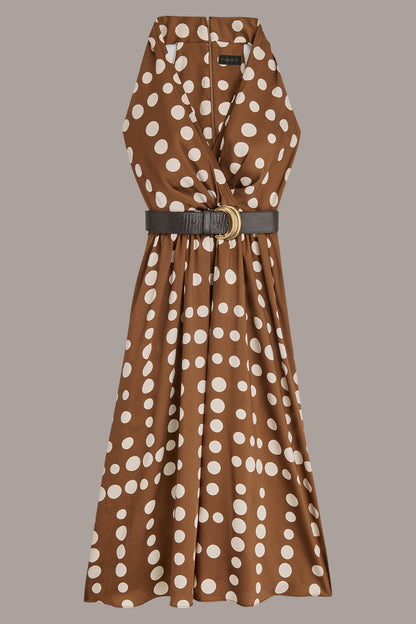 SLEEVELESS POLKA DOT MIDI FIT AND FLARE DRESS - Russet/Light Canvas