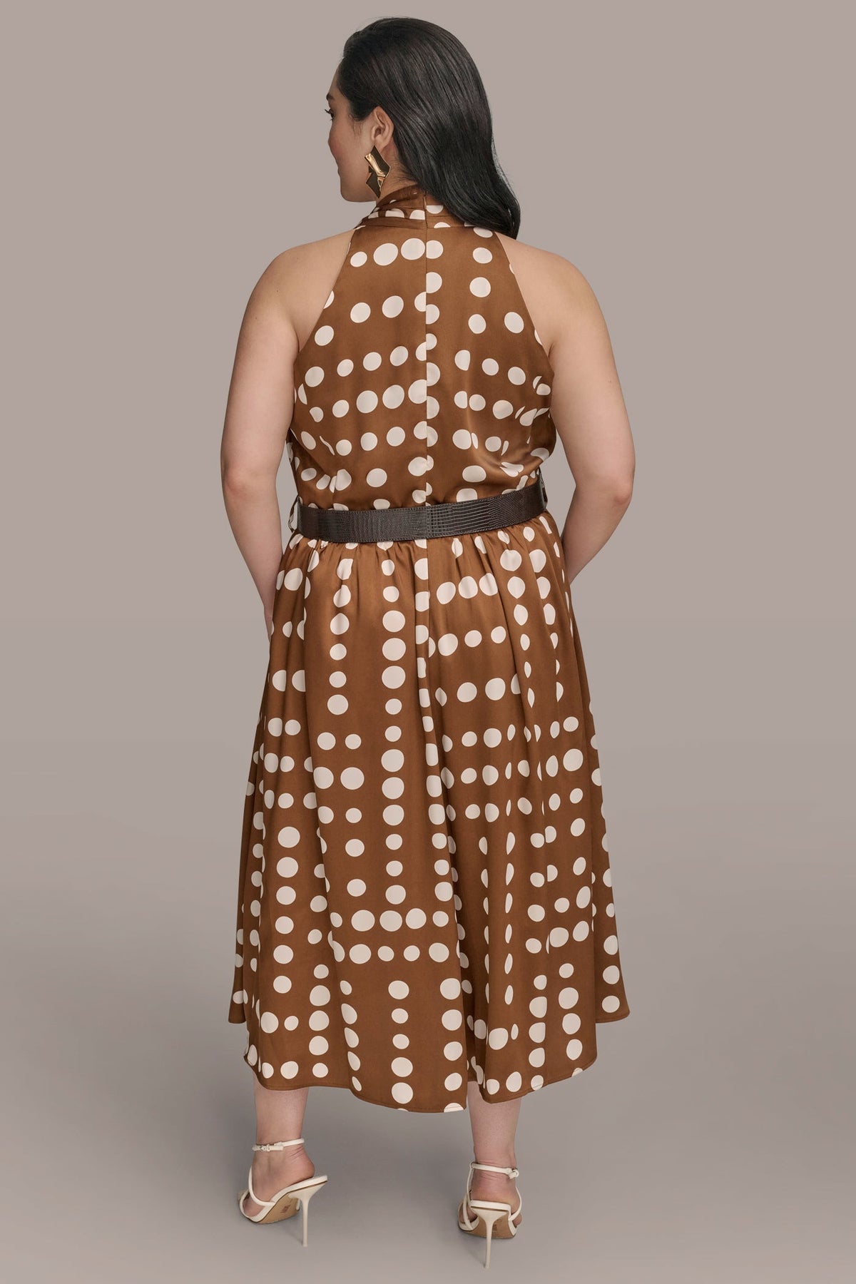 SLEEVELESS POLKA DOT MIDI FIT AND FLARE DRESS - Russet/Light Canvas