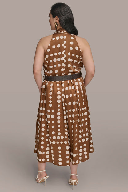 SLEEVELESS POLKA DOT MIDI FIT AND FLARE DRESS - Russet/Light Canvas