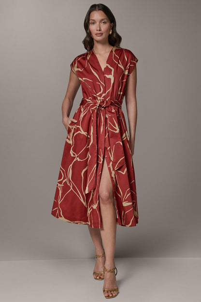 SLEEVELESS PRINT MIDI DRESS - Sunbaked/Fawn
