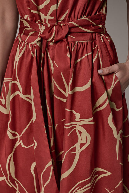 SLEEVELESS PRINT MIDI DRESS - Sunbaked/Fawn