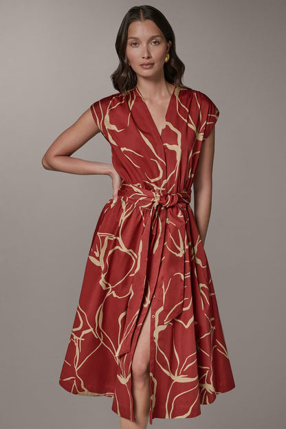 SLEEVELESS PRINT MIDI DRESS - Sunbaked/Fawn
