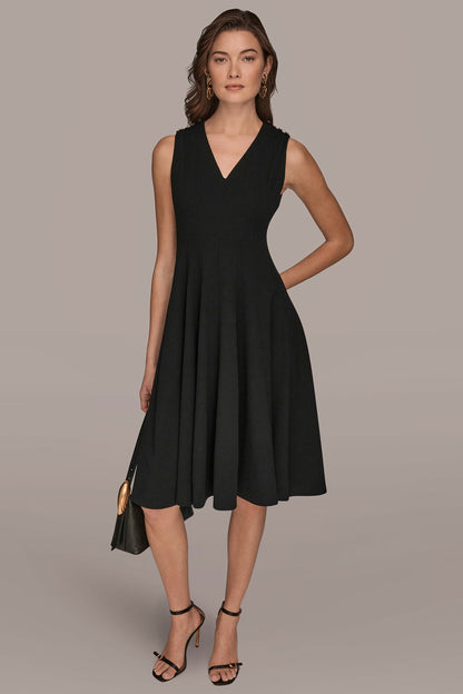 SLEEVELESS BUTTON MIDI FIT AND FLARE DRESS - Black