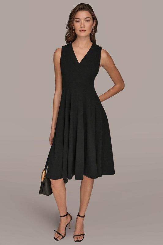 SLEEVELESS BUTTON MIDI FIT AND FLARE DRESS - Black