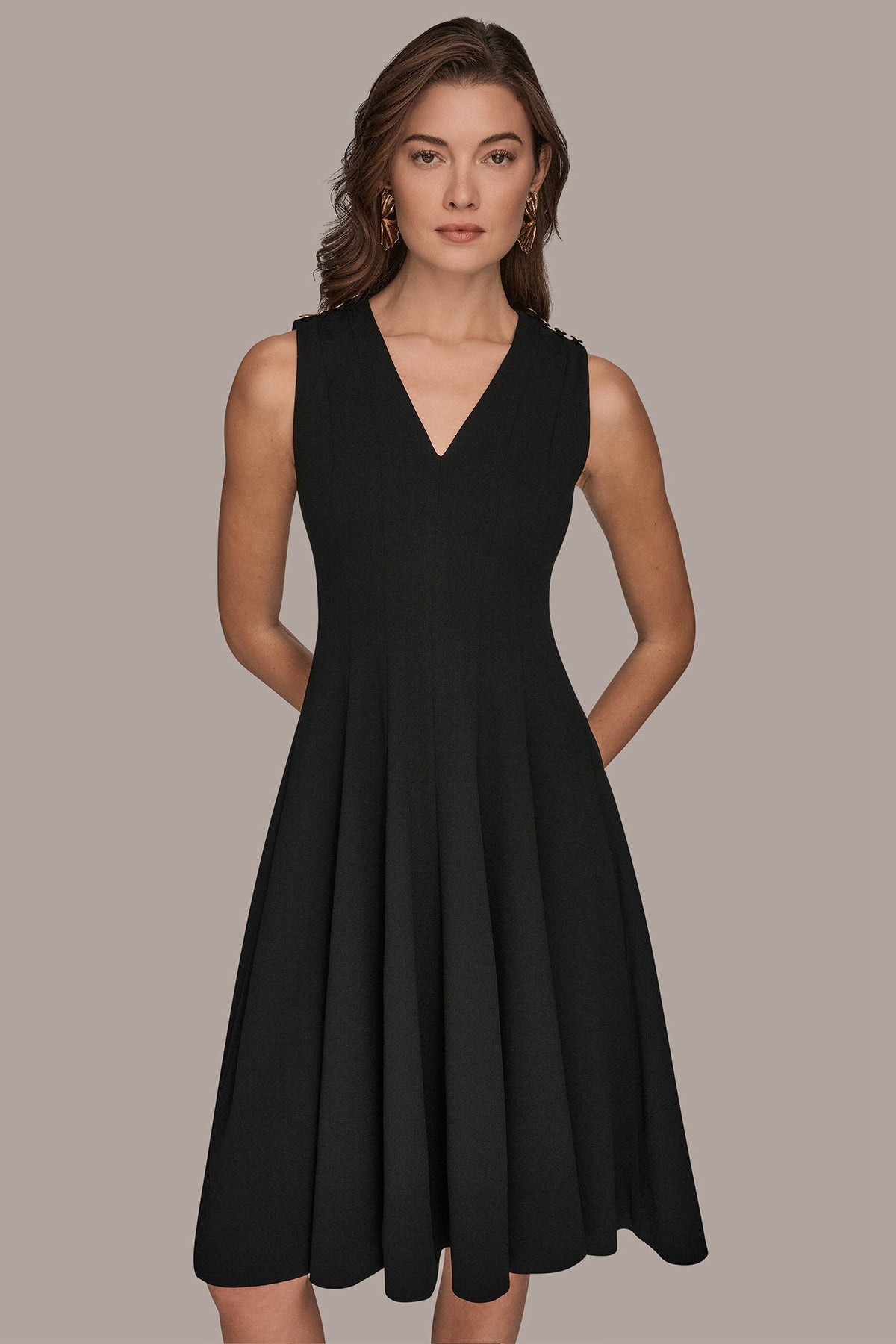 SLEEVELESS BUTTON MIDI FIT AND FLARE DRESS - Black