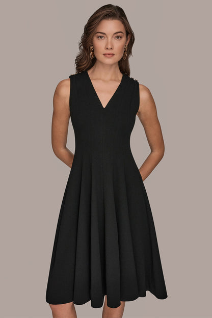 SLEEVELESS BUTTON MIDI FIT AND FLARE DRESS - Black