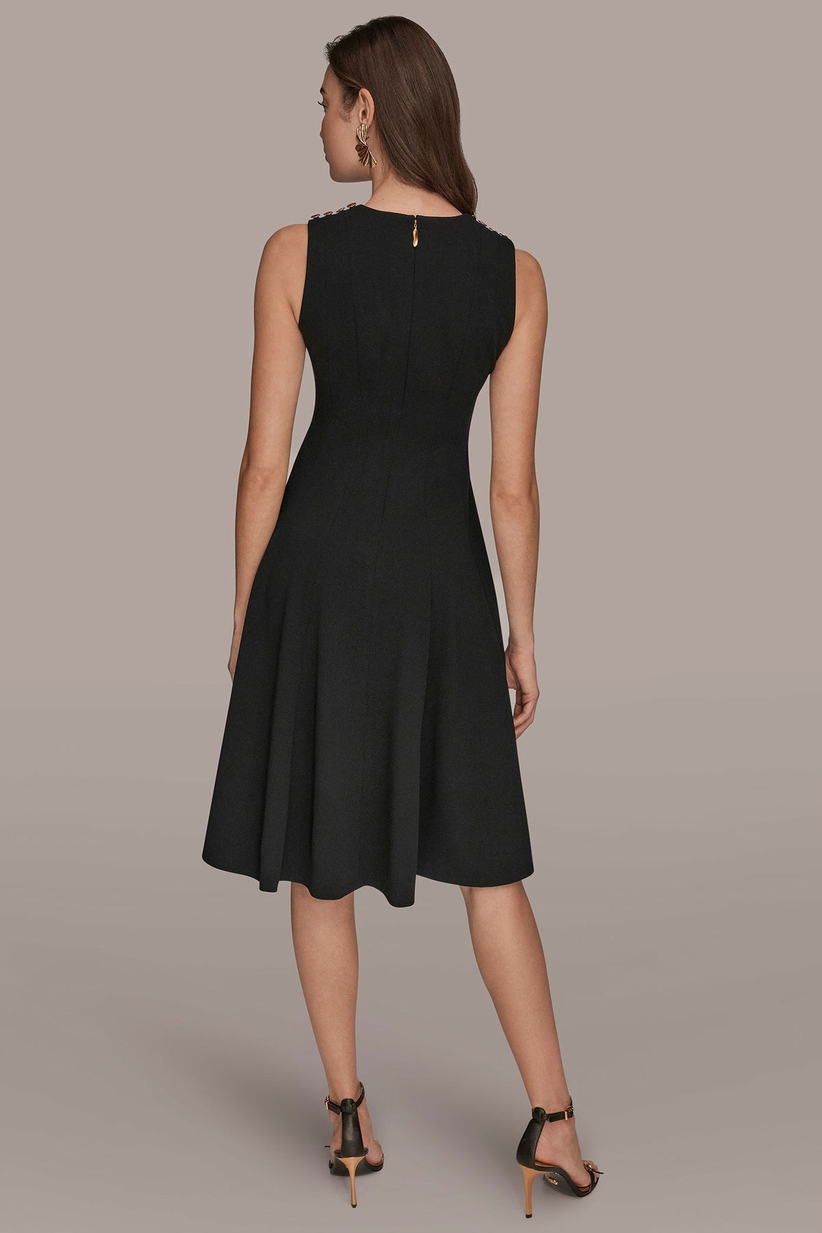 SLEEVELESS BUTTON MIDI FIT AND FLARE DRESS - Black