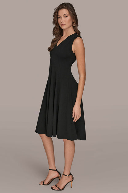 SLEEVELESS BUTTON MIDI FIT AND FLARE DRESS - Black