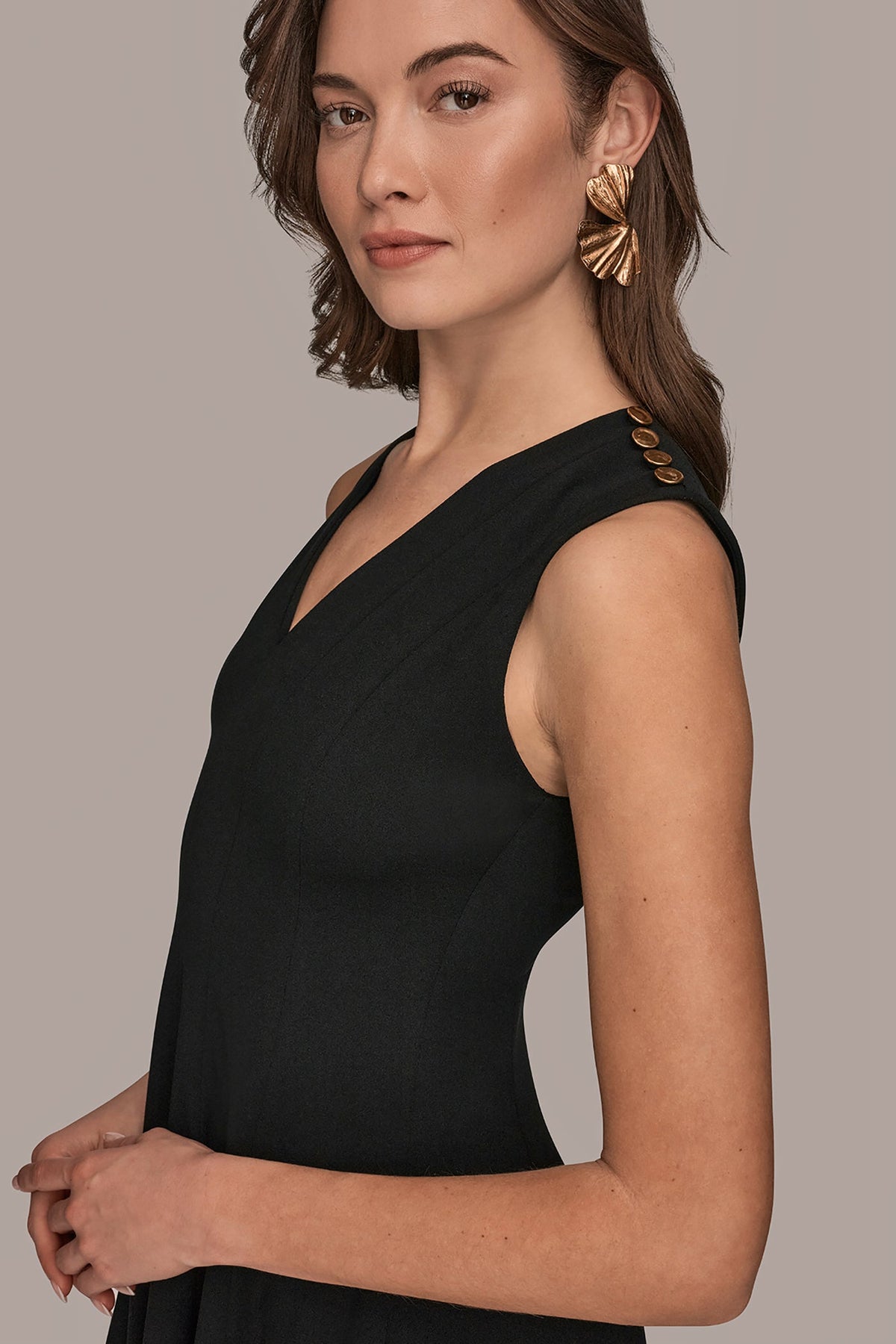SLEEVELESS BUTTON MIDI FIT AND FLARE DRESS - Black