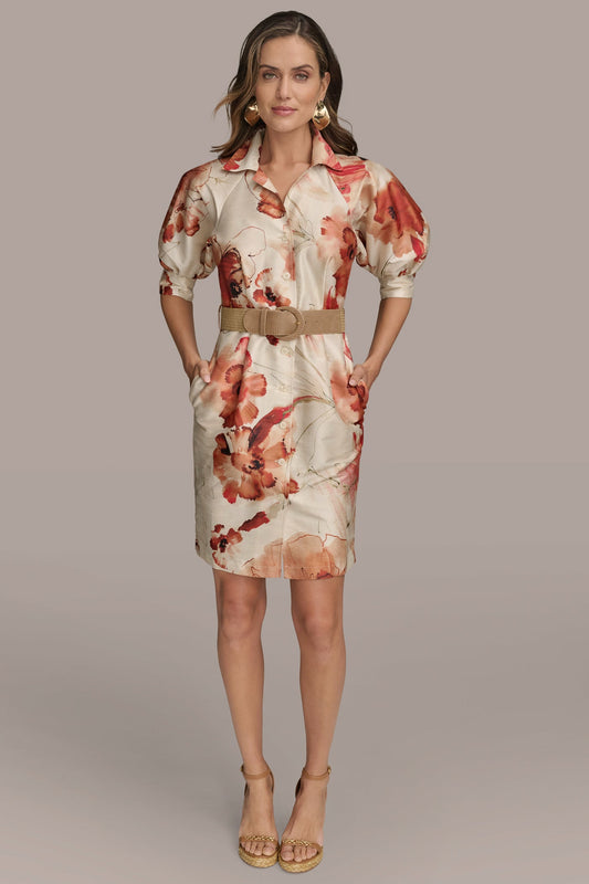 FLORAL PUFF SLEEVE MINI SHIRT DRESS - Cinnamon Multi