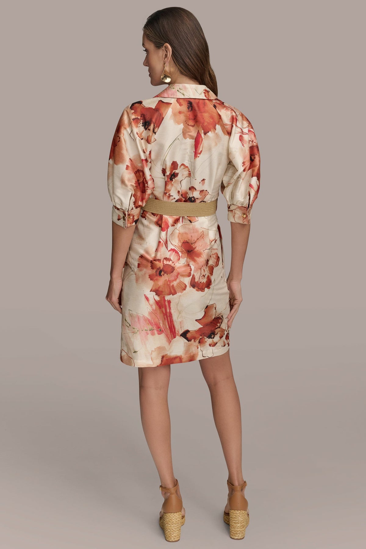 FLORAL PUFF SLEEVE MINI SHIRT DRESS - Cinnamon Multi